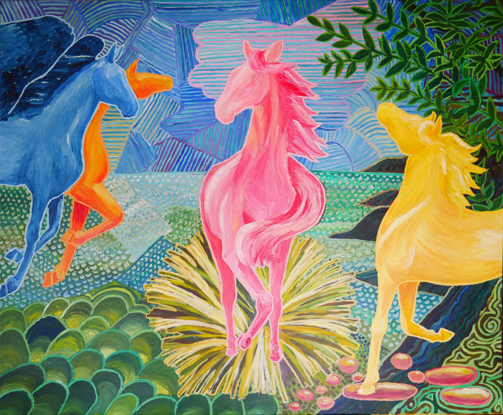 Akrylmålning med fyra hästar i olika färger